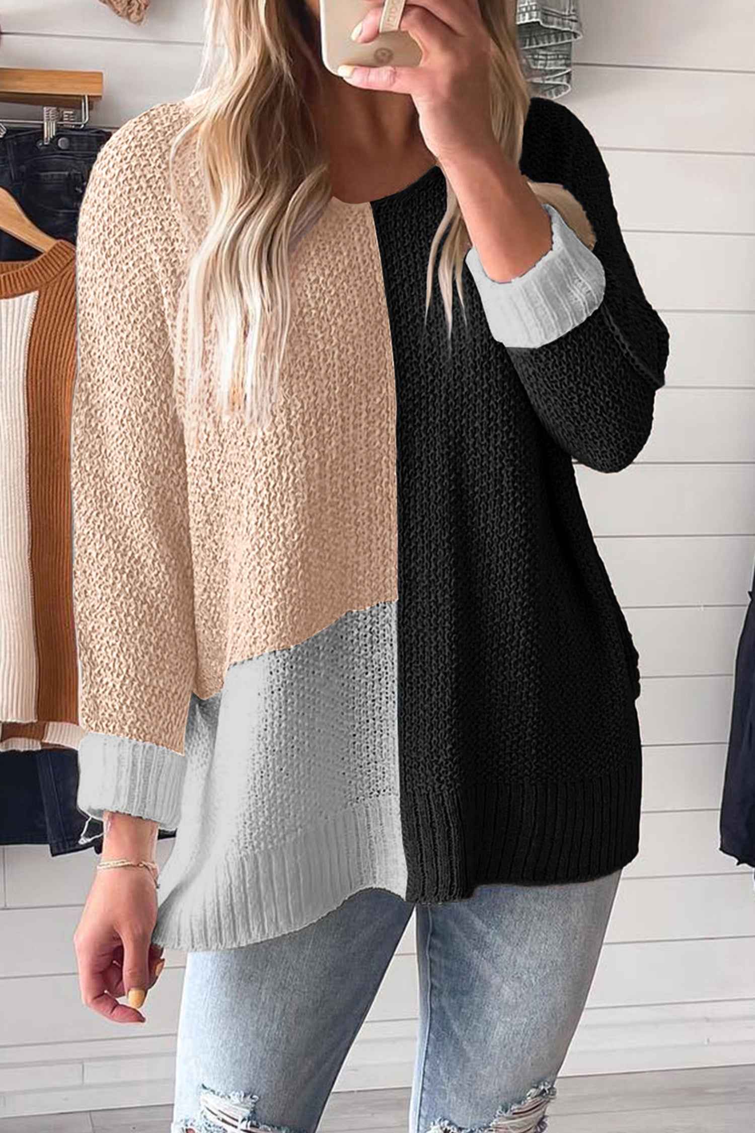 Chestnut Color Block Knit V Neck Loose Sweater Black 75%Acrylic+25%Polyamide a321eae3945fd6d7