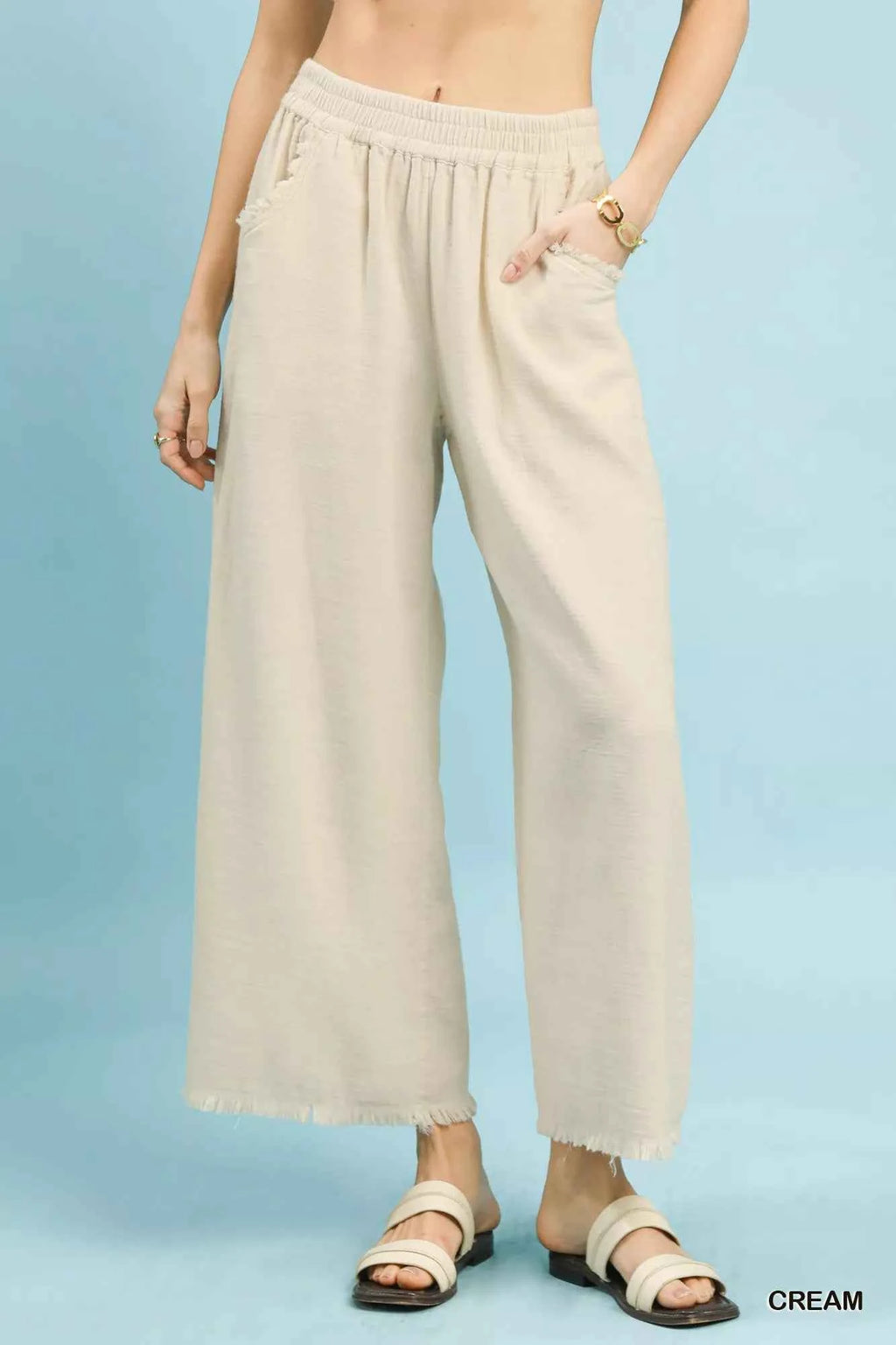 Umgee Frayed Hem Wide Leg Pants CREAM a327e38b-e1d2-49db-b460-673f1a0d0988-Max-Origin