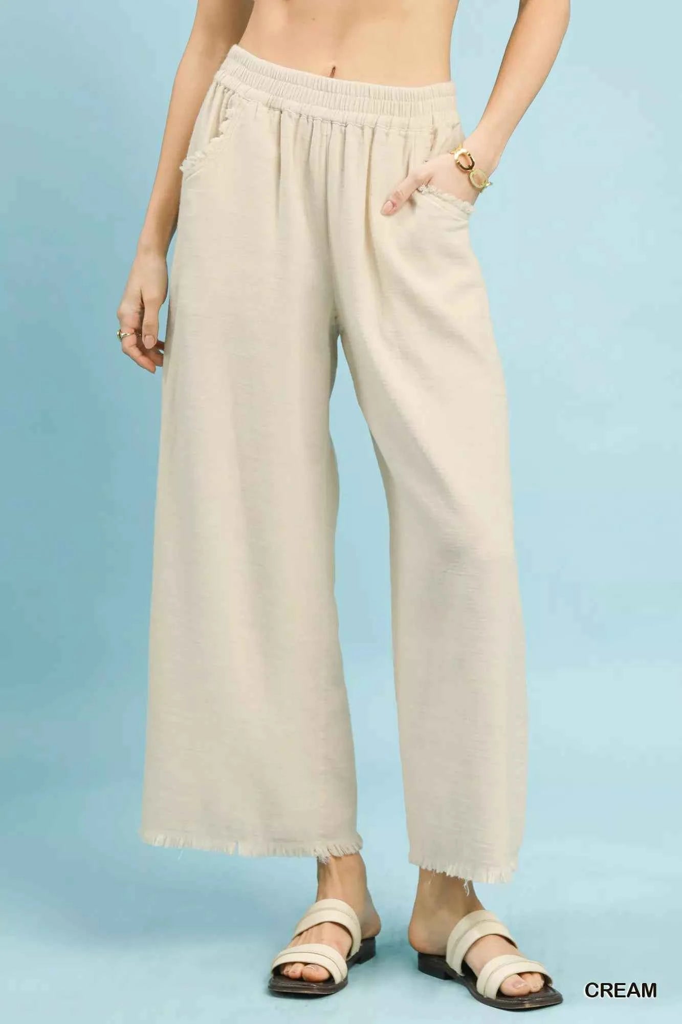 Umgee Frayed Hem Wide Leg Pants CREAM a327e38b-e1d2-49db-b460-673f1a0d0988-Max-Origin