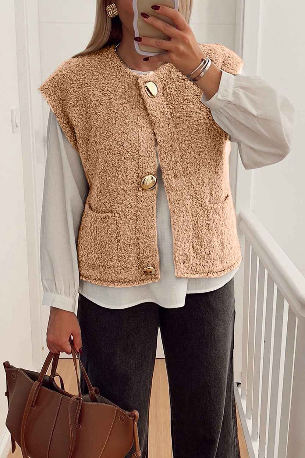 Light French Beige Big Button Accent Fuzzy Pocket Vest Light French Beige 100%Polyester a3282772bc73ee01