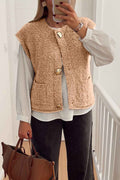 Light French Beige Big Button Accent Fuzzy Pocket Vest Light French Beige 100%Polyester a3282772bc73ee01