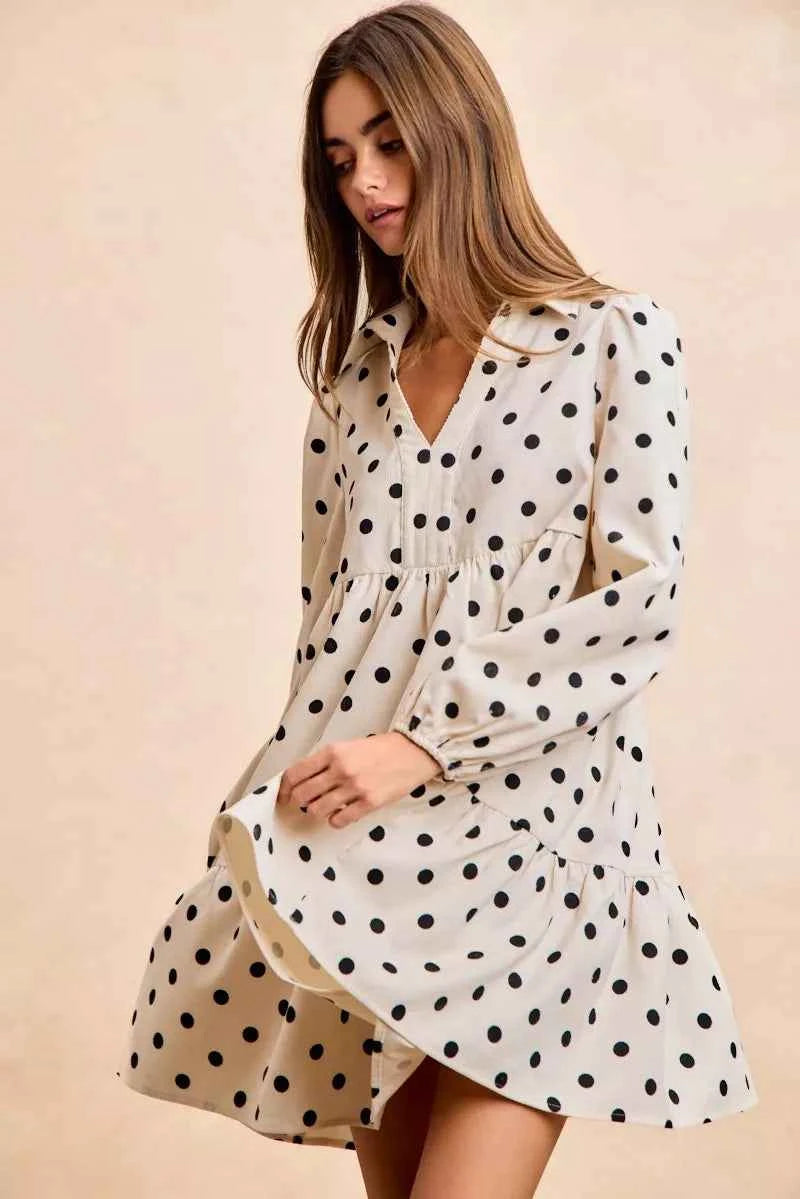 BiBi Polka Dot Corduroy Collared V Neck Dress a32cd238b7d5457e8bc9edbf4176ee04-Max-Origin