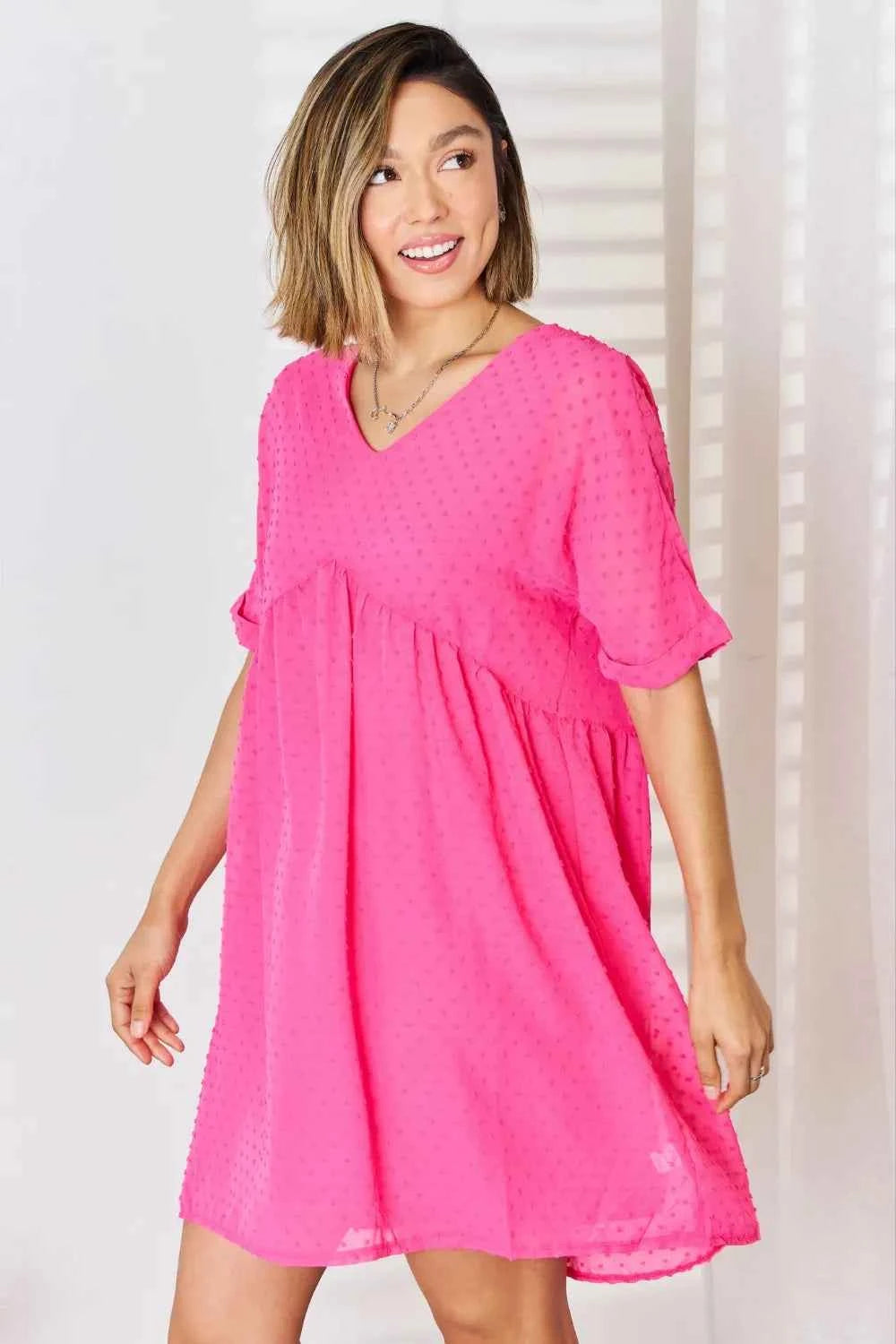 Zenana Swiss Dot Rolled Short Sleeve Babydoll Dress a32eeb29-1fb0-453e-88fa-d7da4da4541d-Max