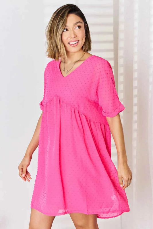 Swiss Dot Rolled Short Sleeve Babydoll Dress a32eeb29-1fb0-453e-88fa-d7da4da4541d-Max