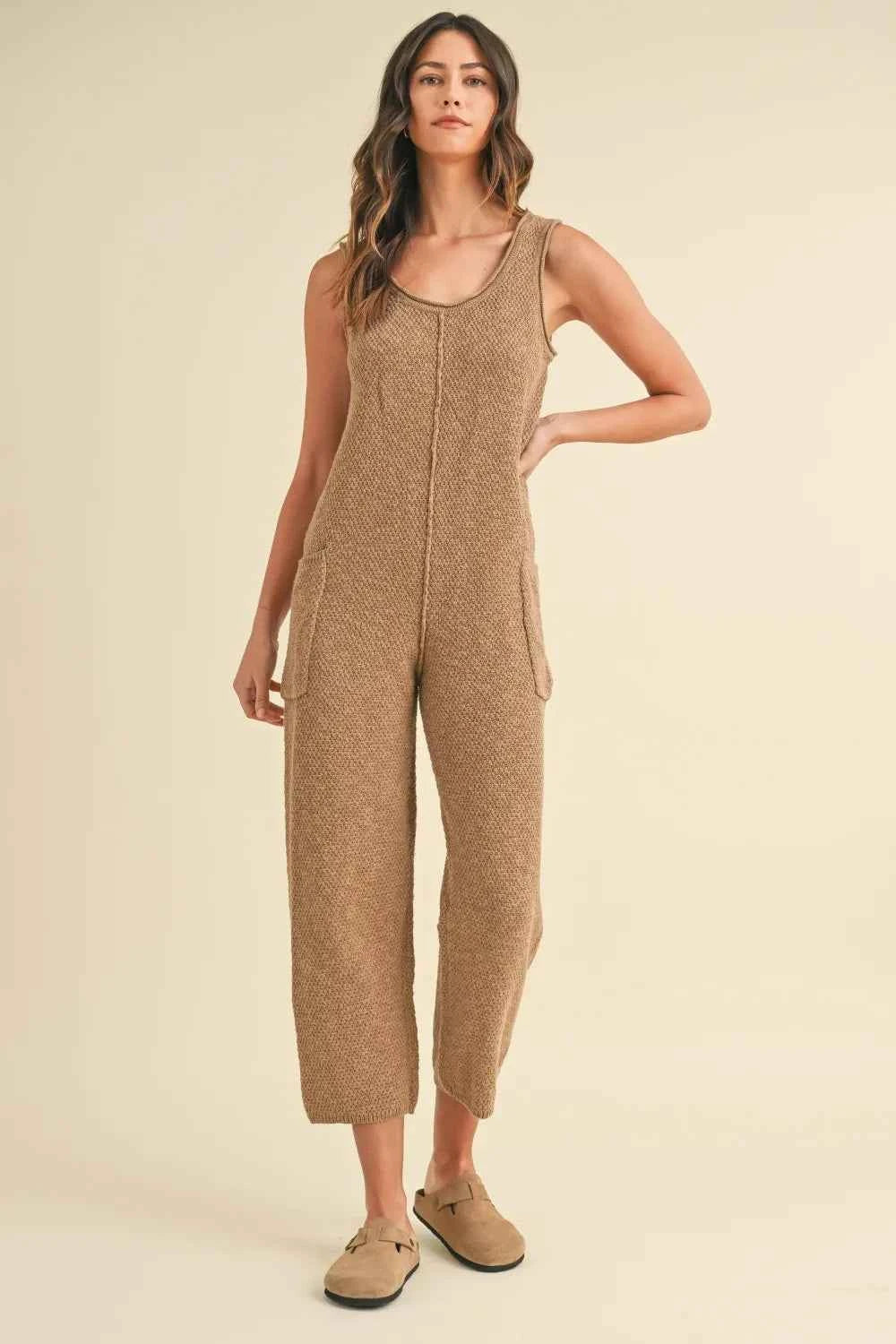 MABLE Sleeveless Knit Crop Jumpsuit with Pockets Mocha a331994e-1602-4160-a0f0-3ef2f6ed53d1-Max