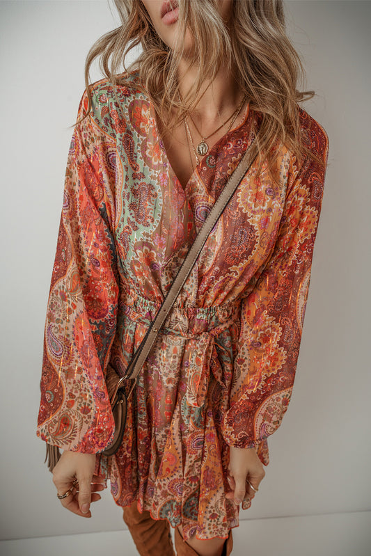 Orange Boho Paisley Print Long Sleeve Pleated Belted Mini Dress a332942c7bc865ae