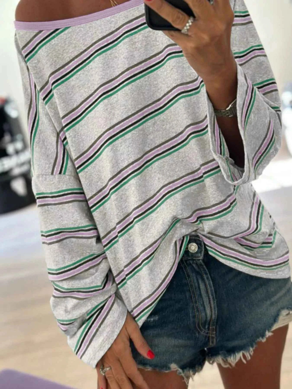 Stripe Oversize Drop Shoulder Long Sleeve Casual Top Stripe a3337073290041d5ac053f75d2c85c5b-Max-Origin