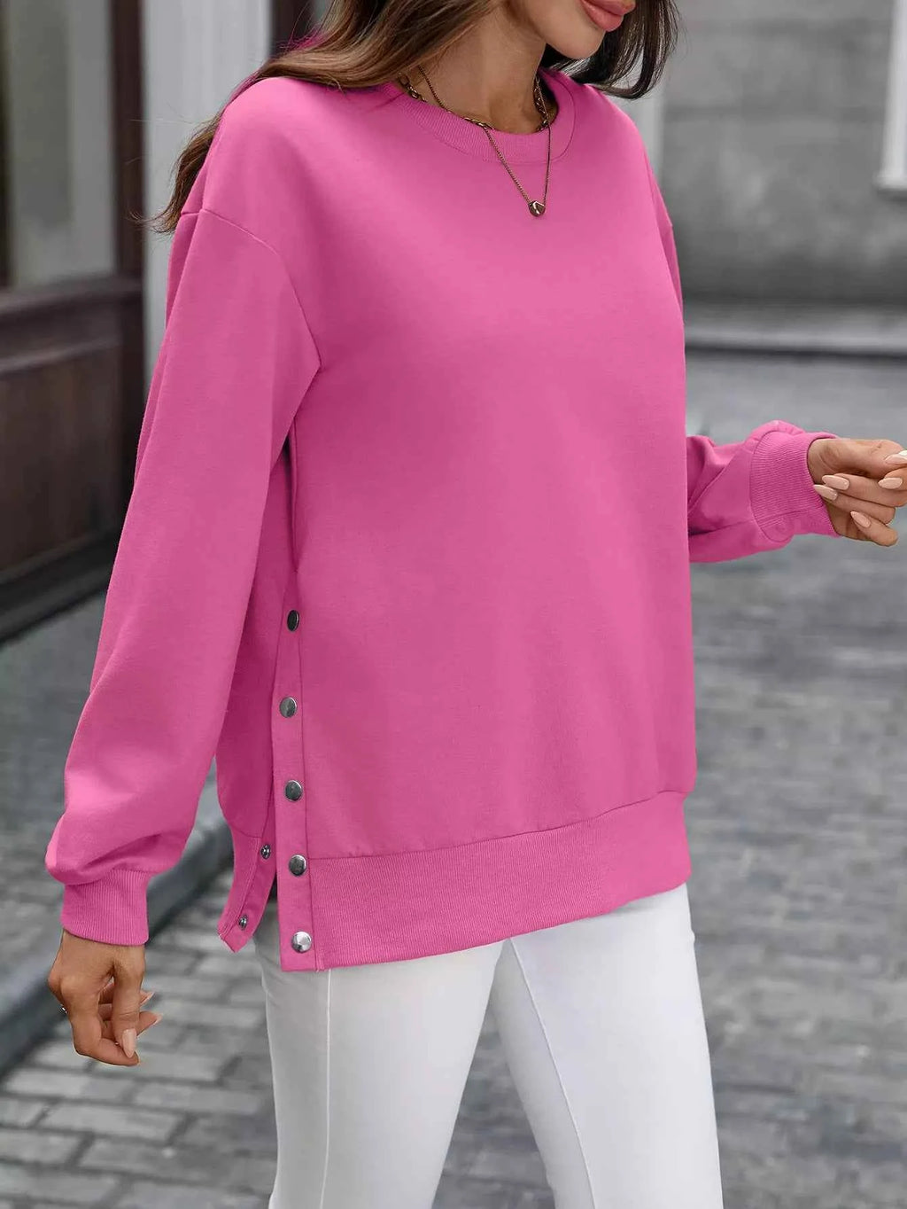 Side Snap Round Neck Sweatshirt a33397a4-133c-4df9-b5b7-88f7eed63f94-Max-Origin