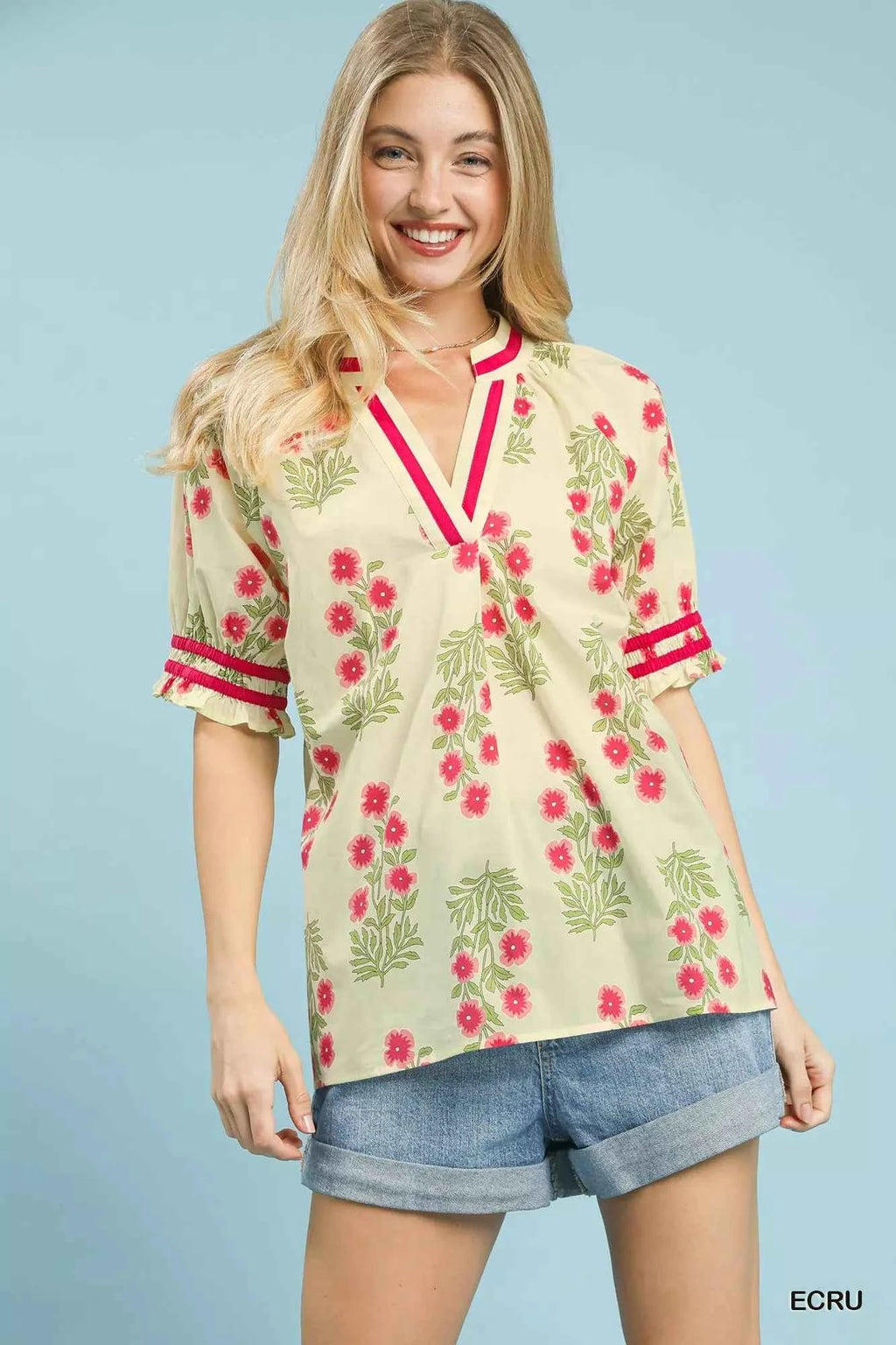 Umgee Floral V-Neck Puff Sleeve Top ECRU a333f2aa-7f67-4b64-84bd-49e8ac08a1ff-Max-Origin