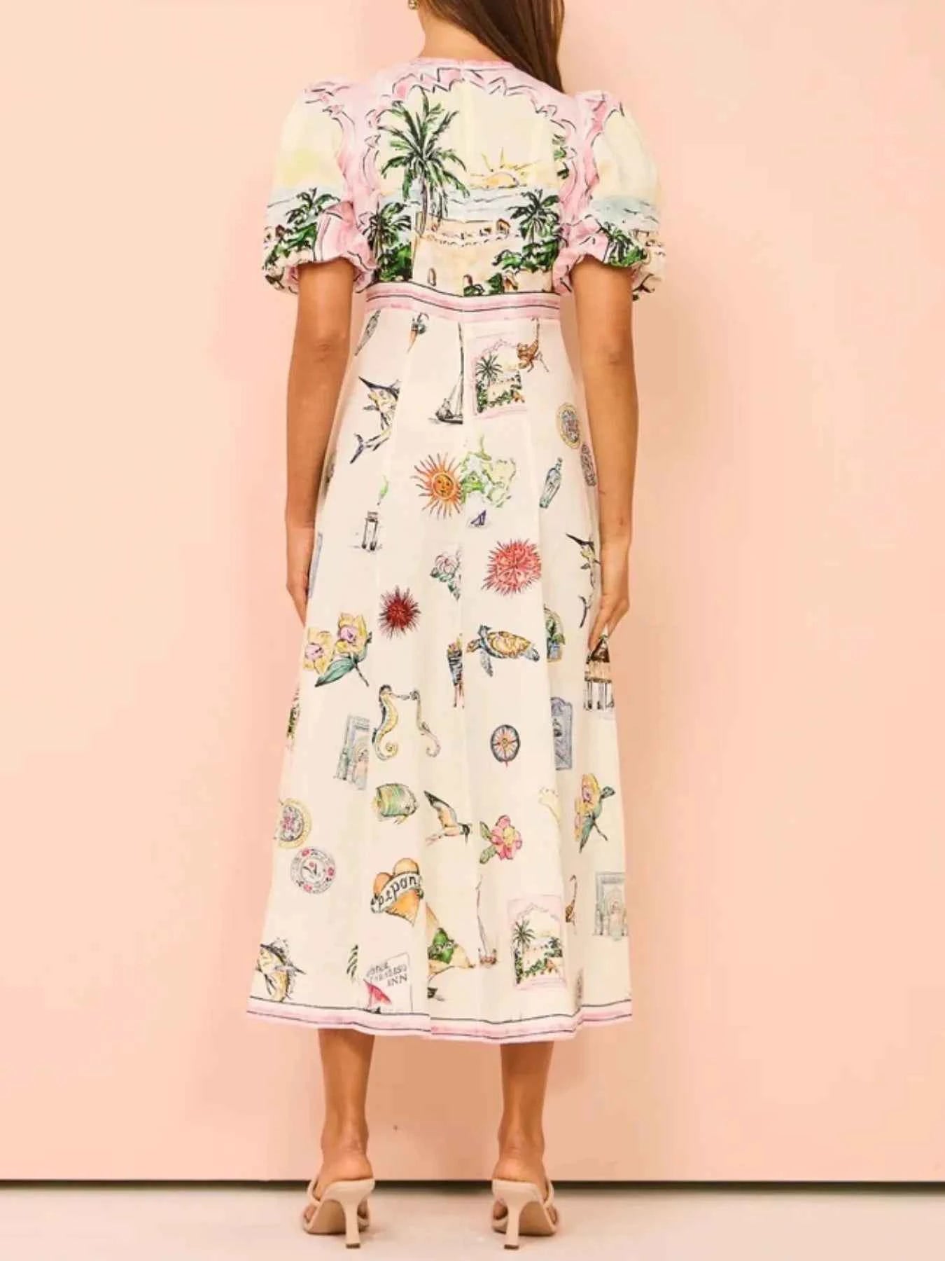 Printed Round Neck Puff Sleeve Midi Dress a3343104-090e-49e2-ae5b-7f05bb5def40-Max-Origin