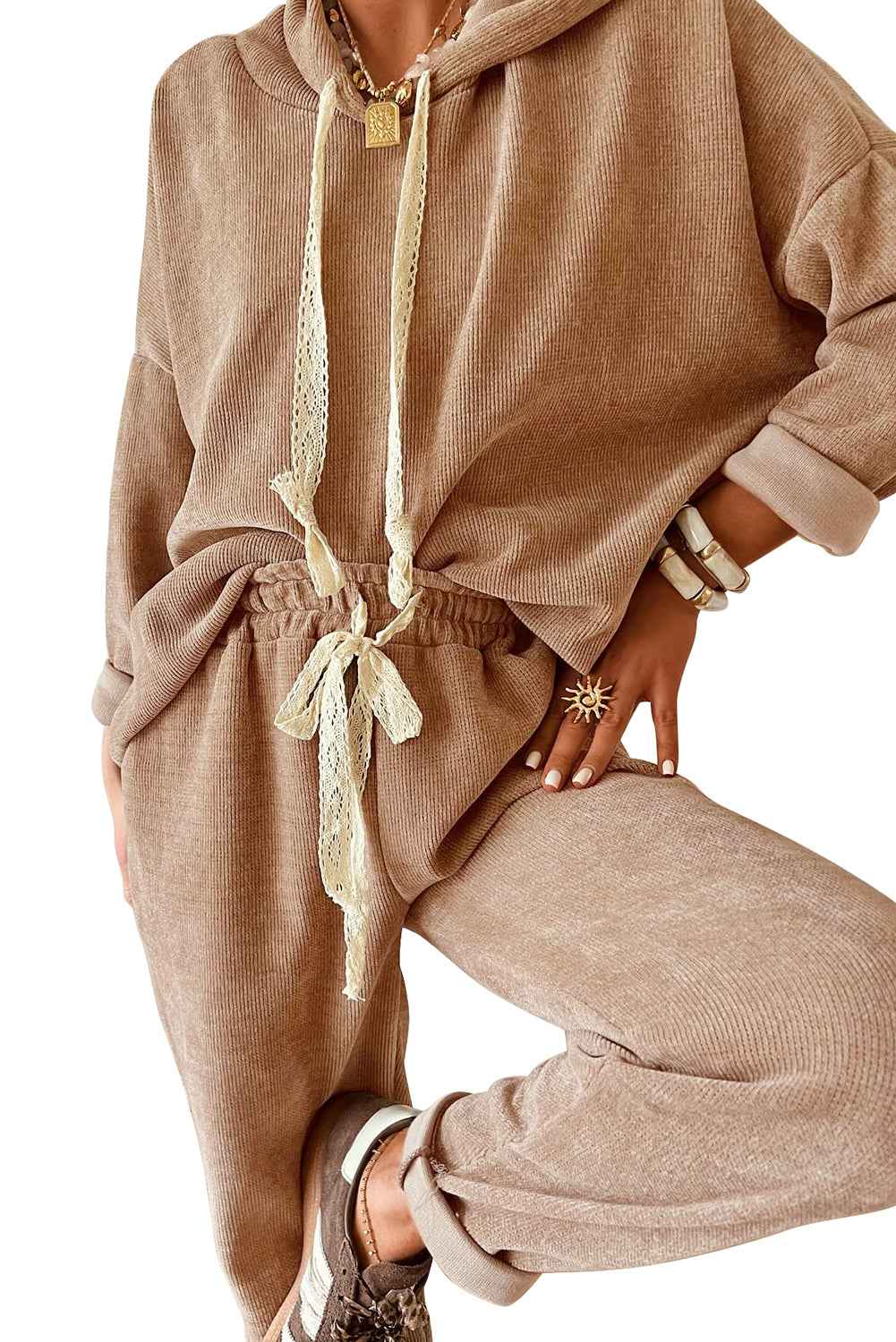 Jet Stream Drawstring Pullover Hoodie and High Waist Pants Corduroy Suit a334a378ef425951