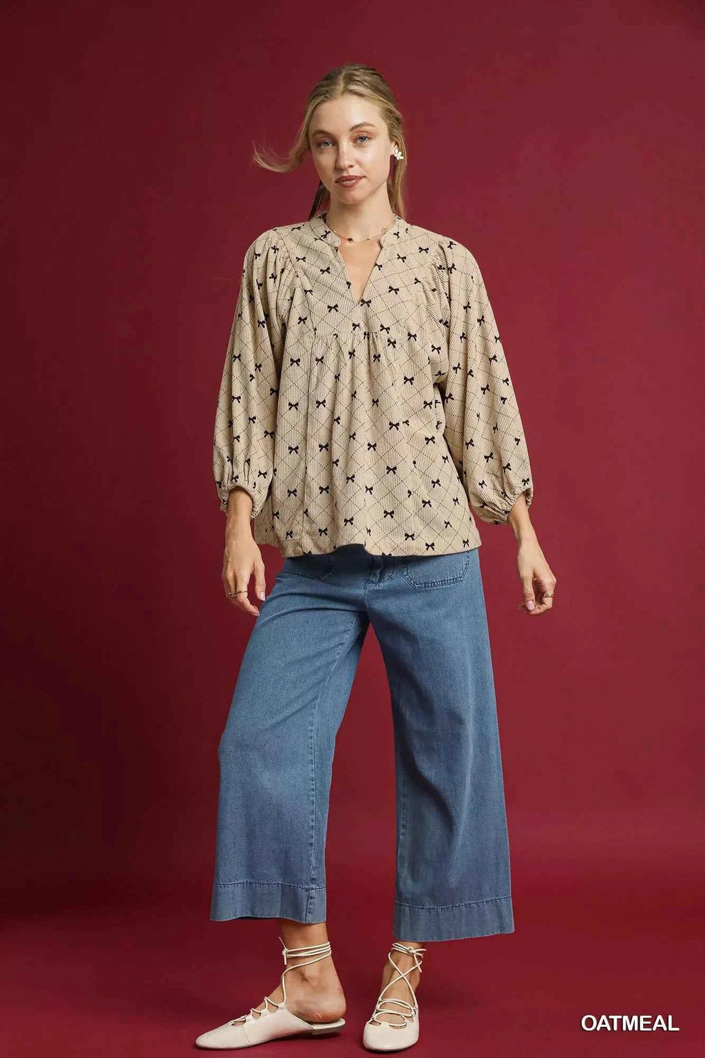 Umgee Corduroy Bow Print Balloon Sleeve Blouse a33cf071-04ec-4cfb-a026-5c51a4f0a0ed-Max-Origin