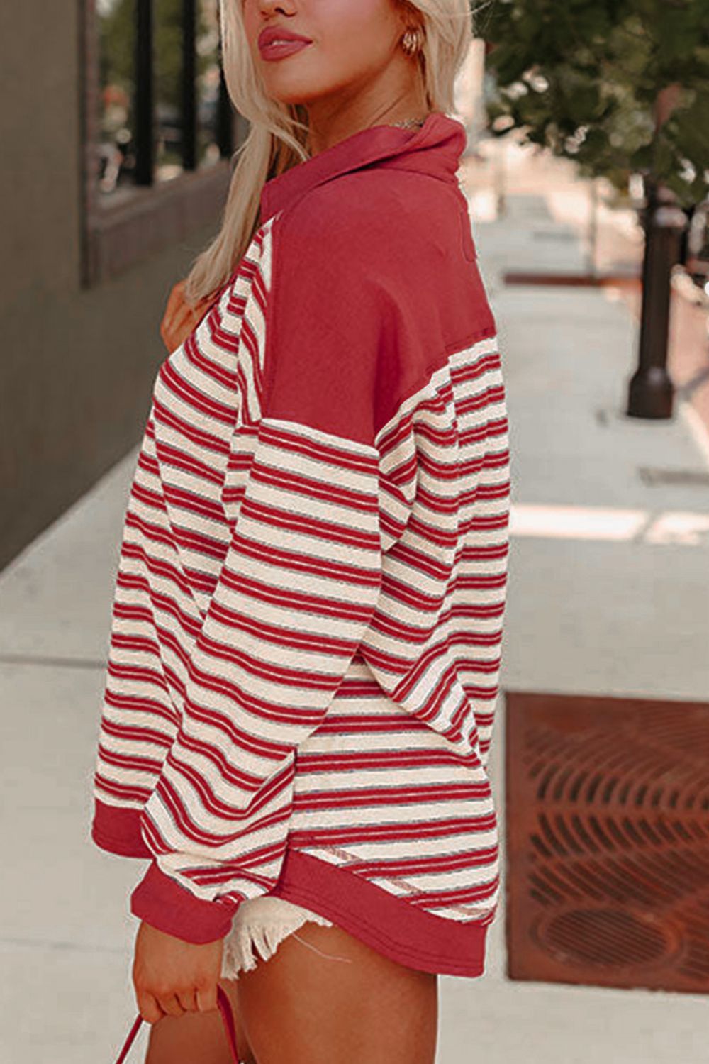 Stripe Johnny Collar Drop Shoulder Sweatshirt