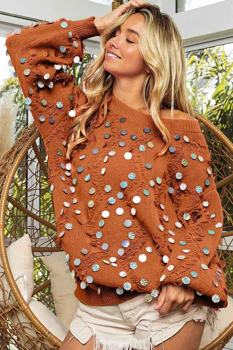 BiBi Distressed Effect Bishop Sleeve Spangled Sweater RUST a3483fe2-e114-447e-be94-c16104da792f-Max-Origin