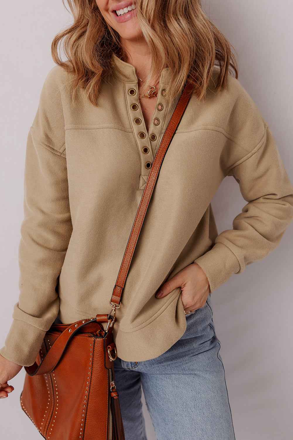 Light French Beige Grommet Detail V Neck Sweatshirt a3495a5c5982be10