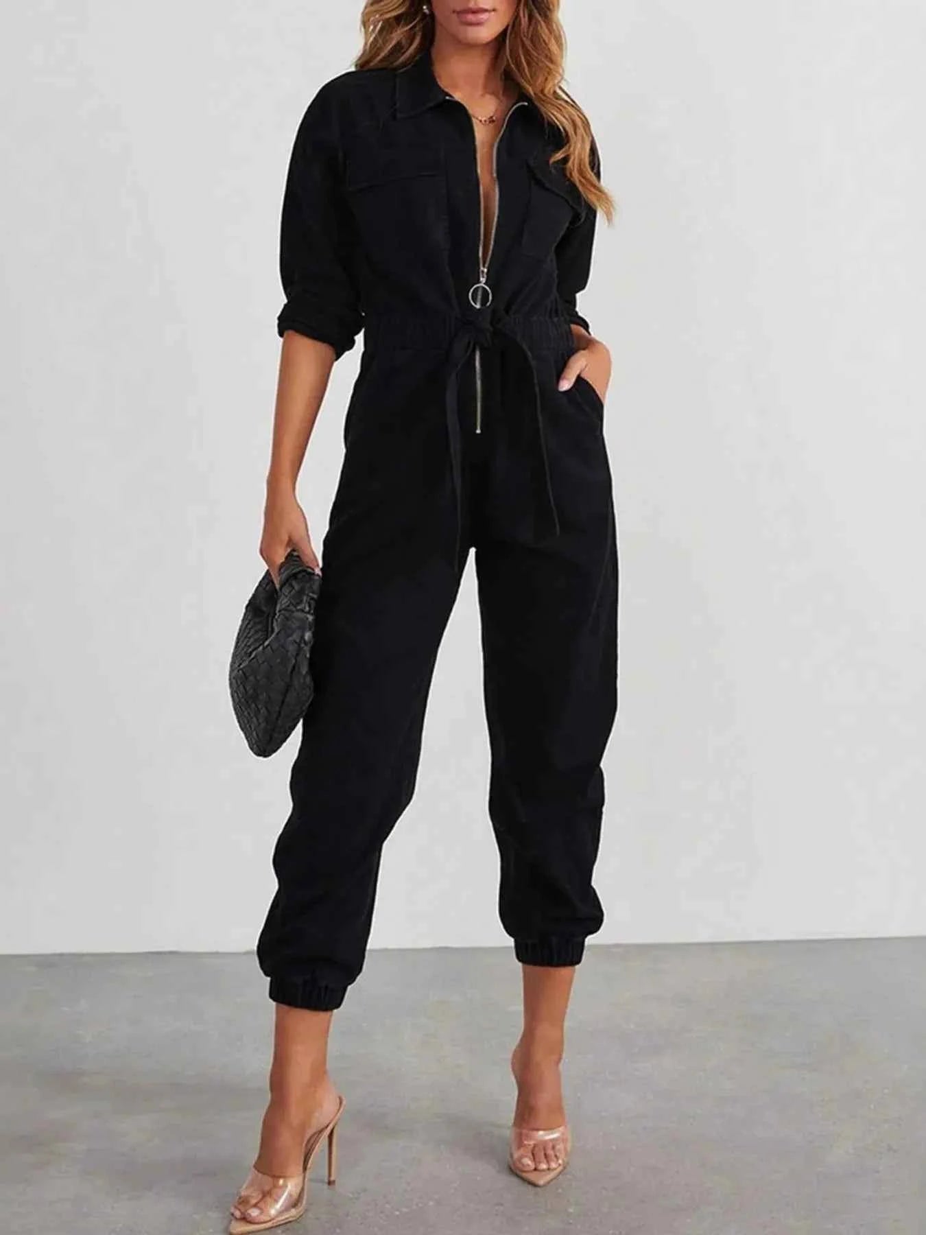 Zip Front Long Sleeve Jumpsuit Black a34cdaf5e27242f78bc1ccc0954bb61f-Max-Origin