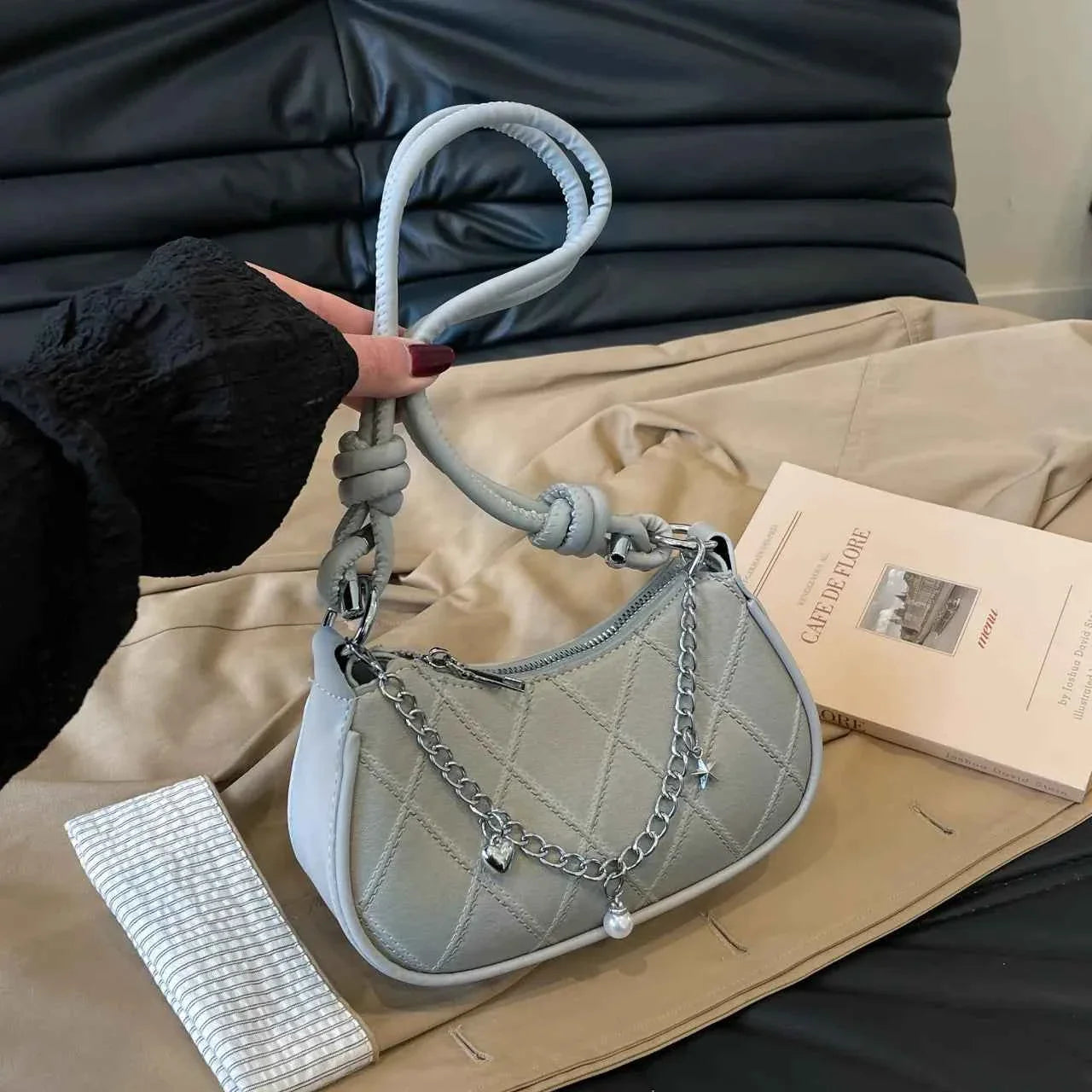 Chain Detail Crescent Shoulder Bag Light Blue onesize a350a9847c7a4d7299d95447e425ca1b-Max-Origin