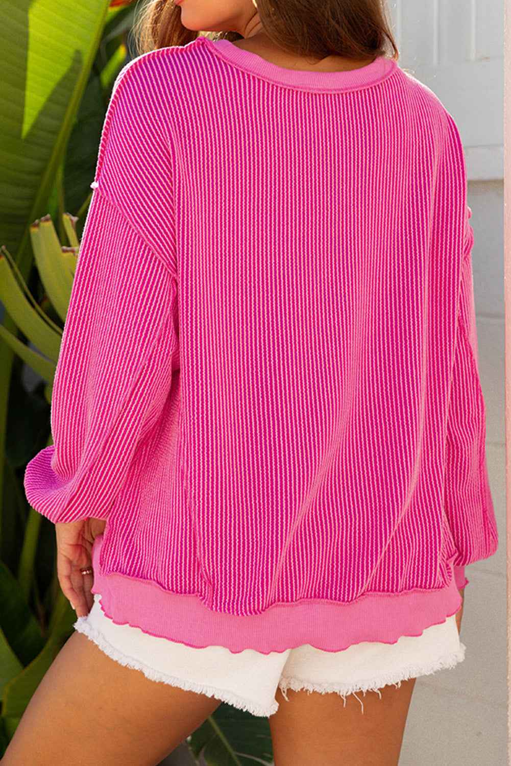 Strawberry Pink Twisted Ribbed Color Block Father Christmas Patched Graphic Long Sleeve Top a3548d959a970c36