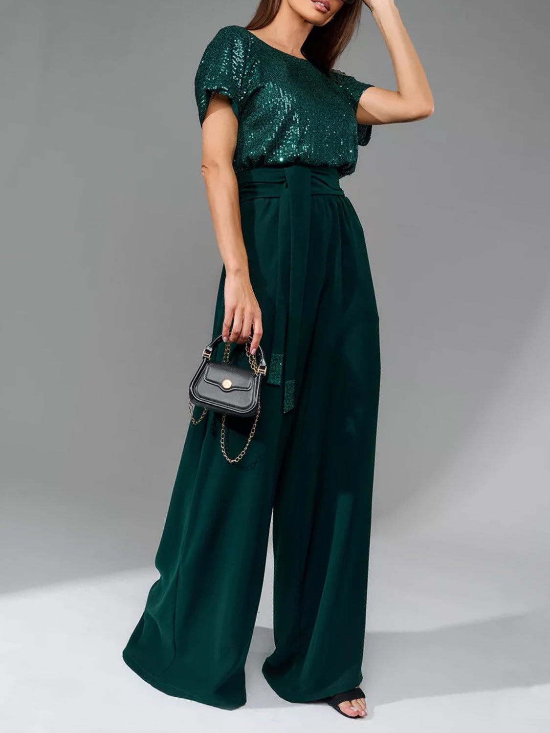 Full Size Sequin Round Neck Short Sleeve Wide Leg Jumpsuit