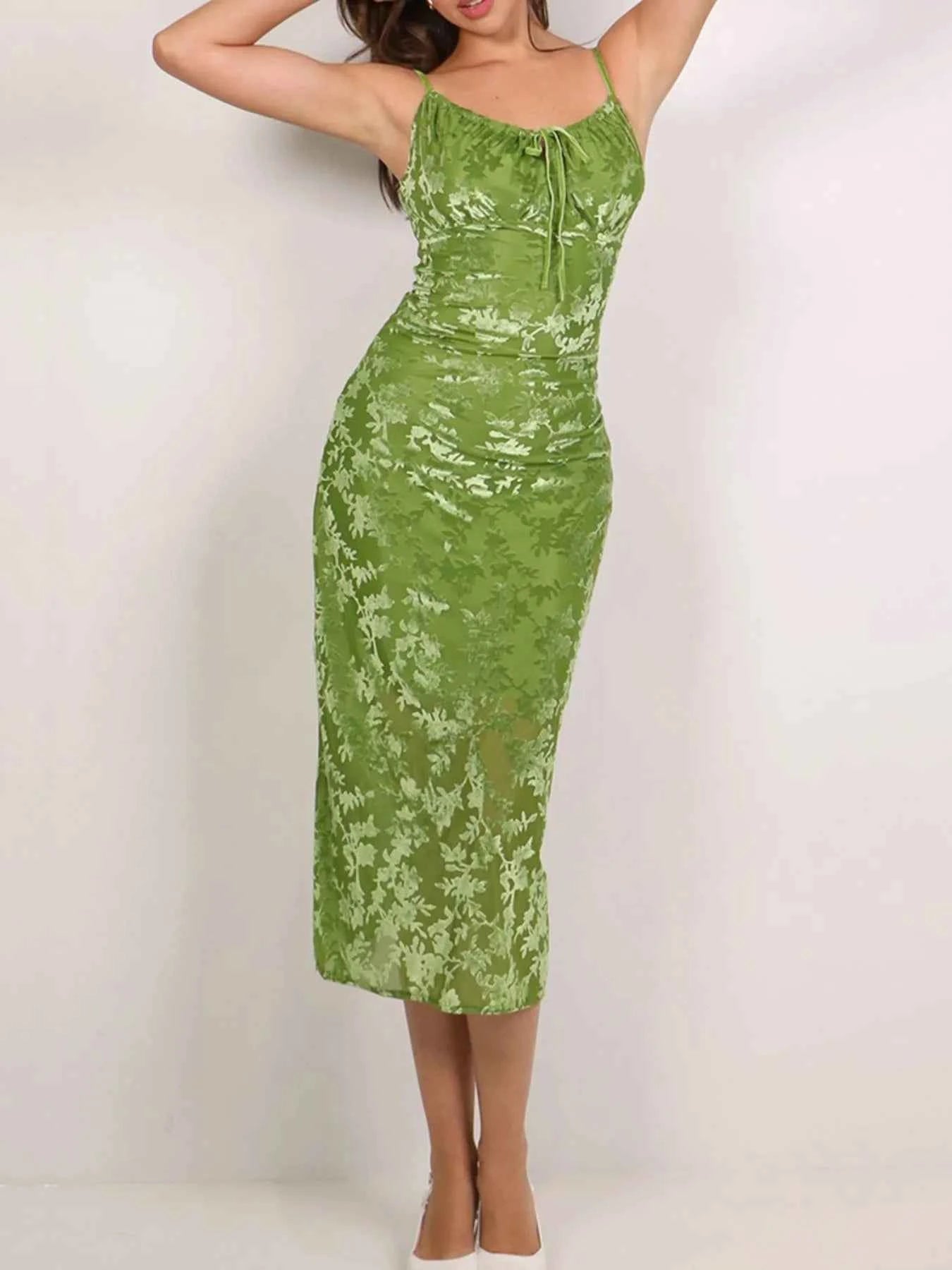 Textured Tie Front Cami Dress Green a35b5cd4-c0f2-4011-804f-26711cae5b80-Max-Origin