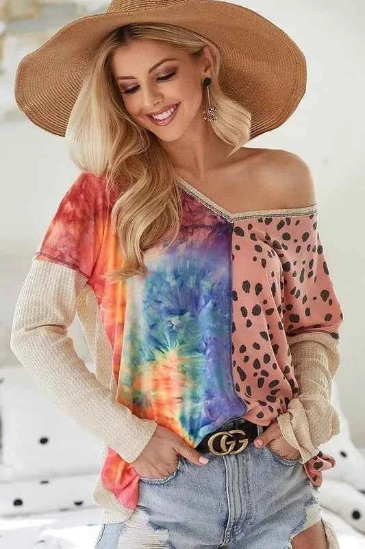 BiBi Print Block V Neck Top with Contrast Stitching a35c61f7ba4d4be39a0cb037dbe28f5e-Max-Origin