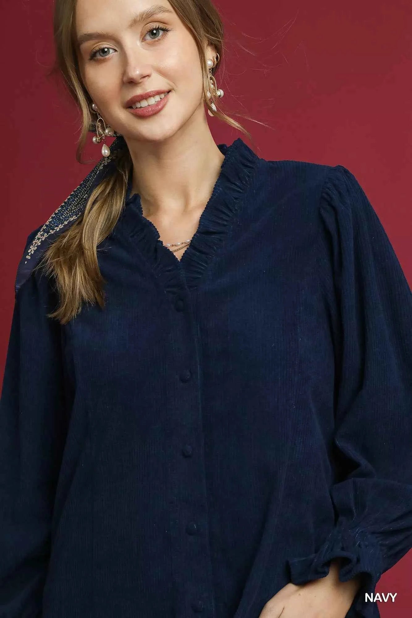 Umgee Corduroy Ruffle Shirt with Long Puff Sleeves a35ea29a-9ec2-4ed7-a741-44e37fdbbb6e-Max-Origin