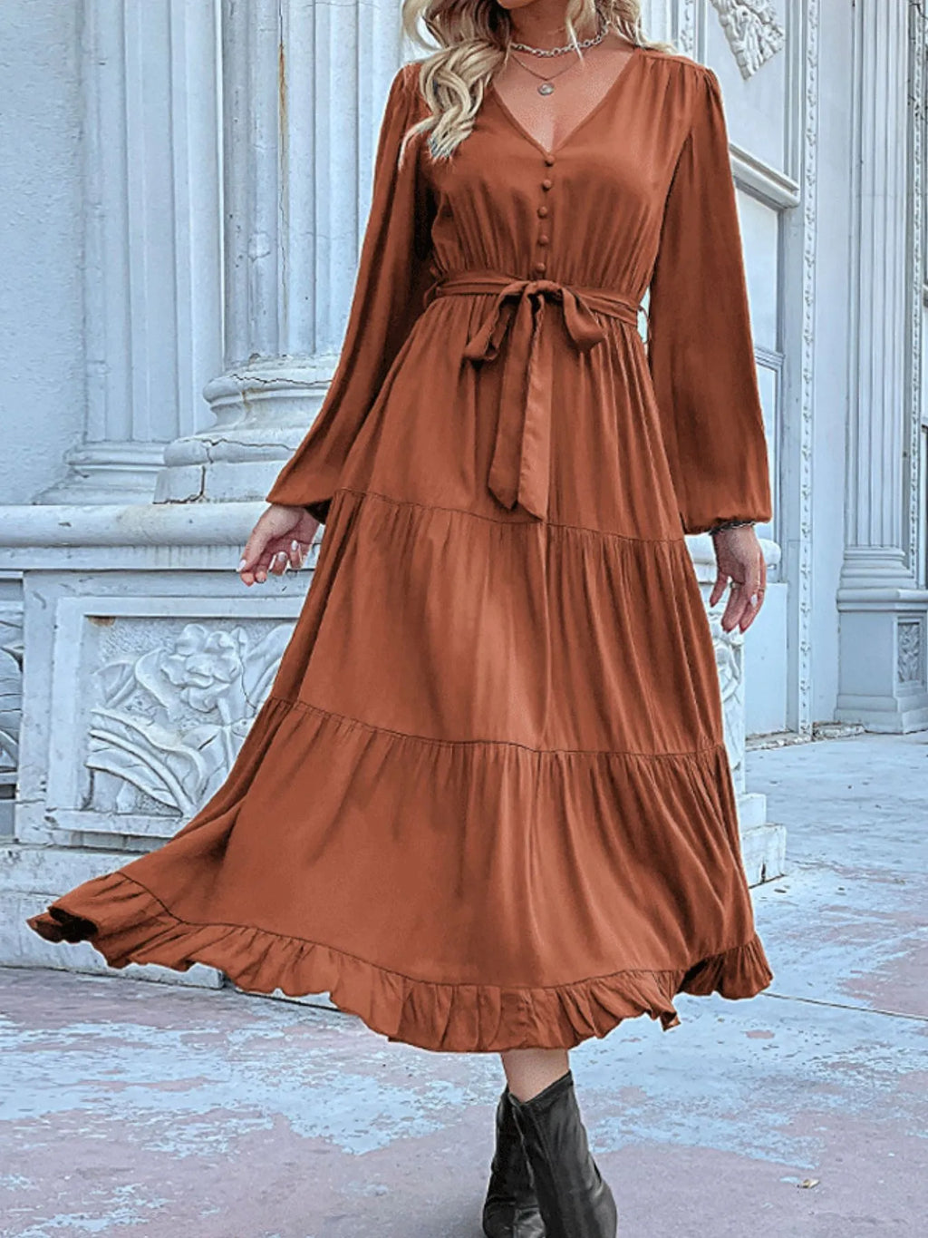 Ruffled Hem V-Neck Balloon Sleeve Dress a35ef4d6-8a09-4657-9638-a34147c5236b-Max-Origin