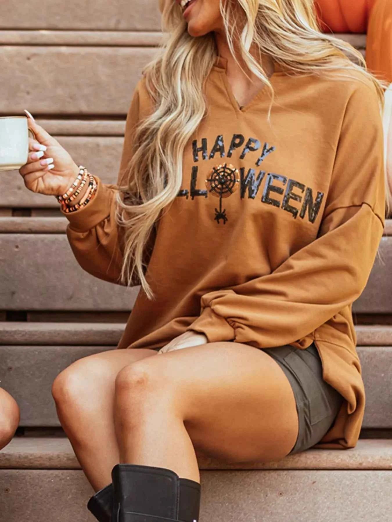 Happy Halloween Graphic Notched Long Sleeve Loose Top a360d095-028f-40d3-b397-3e3b64c478eb-Max-Origin