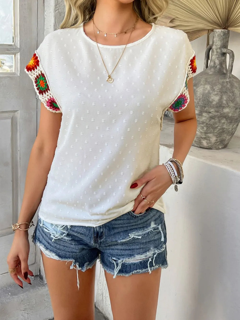 Devine Swiss Dot Round Neck Crochet Short Sleeve Top White a361c444-fbd7-4d5f-a389-f1c9e785245f-Max