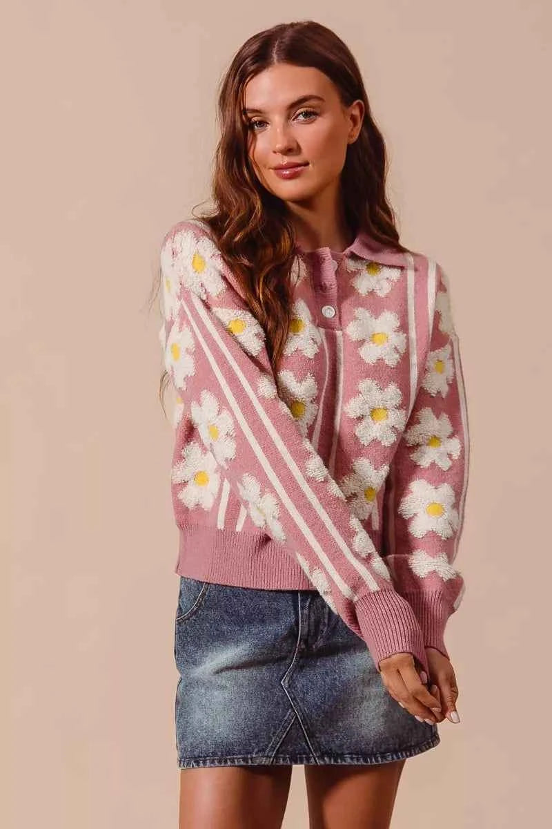 SO ME Floral Stripe Polo Collar Sweater a36a0115-1ad7-4009-b18a-31a55843dc5c-Max-Origin