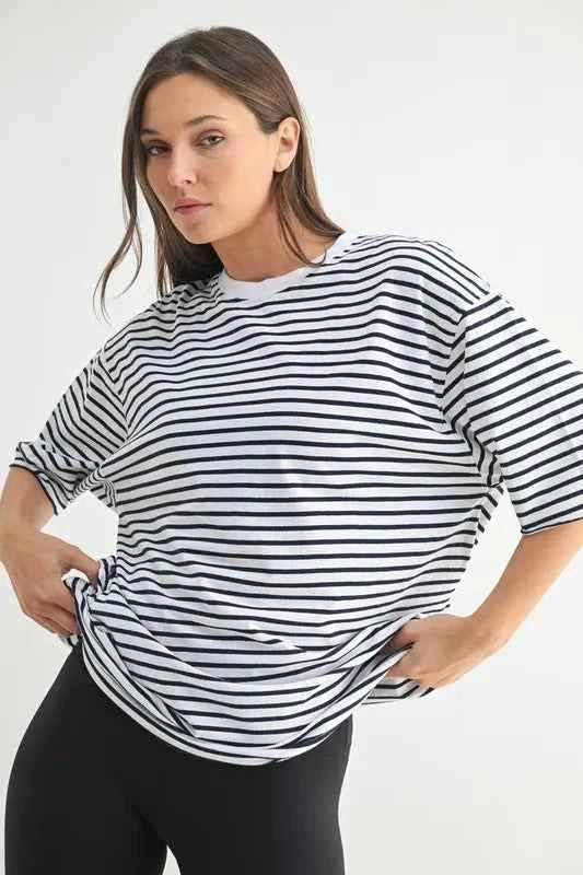 MONO B Coastal Cotton Striped Oversized Crewneck T-Shirt WHITE NAVY a372f0b423004961bb4332f04d3ff9bc-Max-Origin