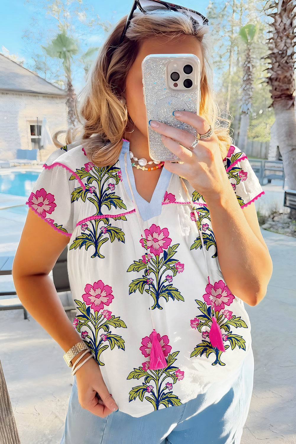 Rose Vintage Floral Print Notched V Neck Plus Size Blouse a37968a45916eb29