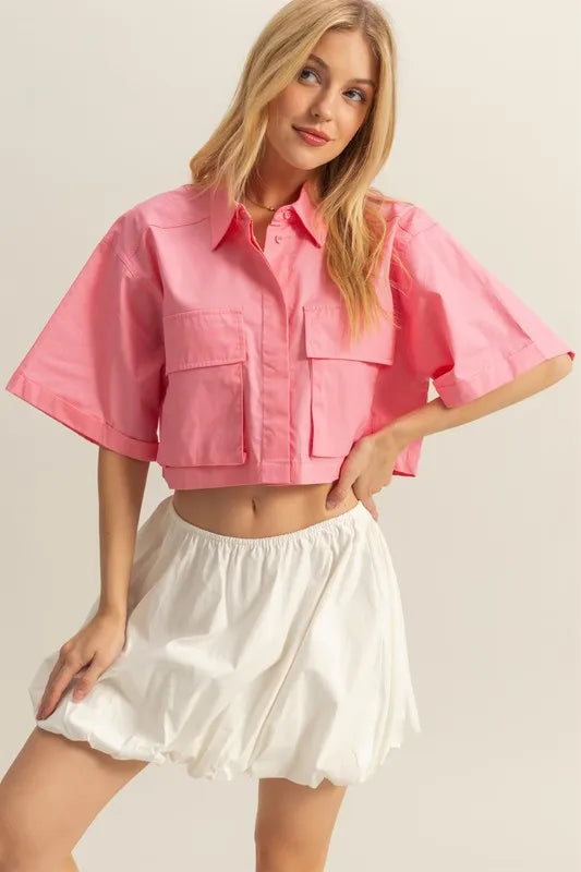Front Pockets Poplin Collared Neck Crop Shirt Burnt Coral a37b5f95-b579-4b47-b6fc-7b826d2c45be-Max