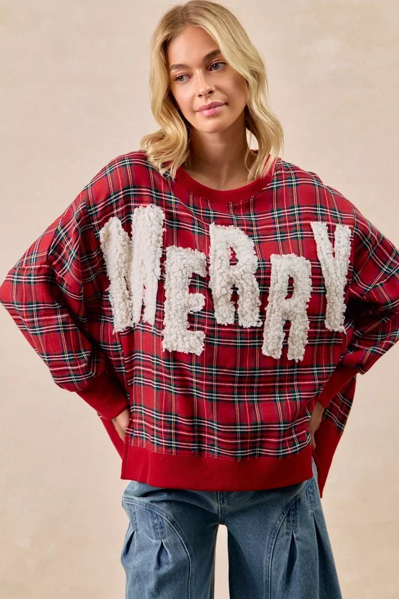 BiBi Merry Letter Patches Christmas Plaid Sweatshirt RED PLAID a37eaaefdc654439a6d147a21f39a926-Max-Origin