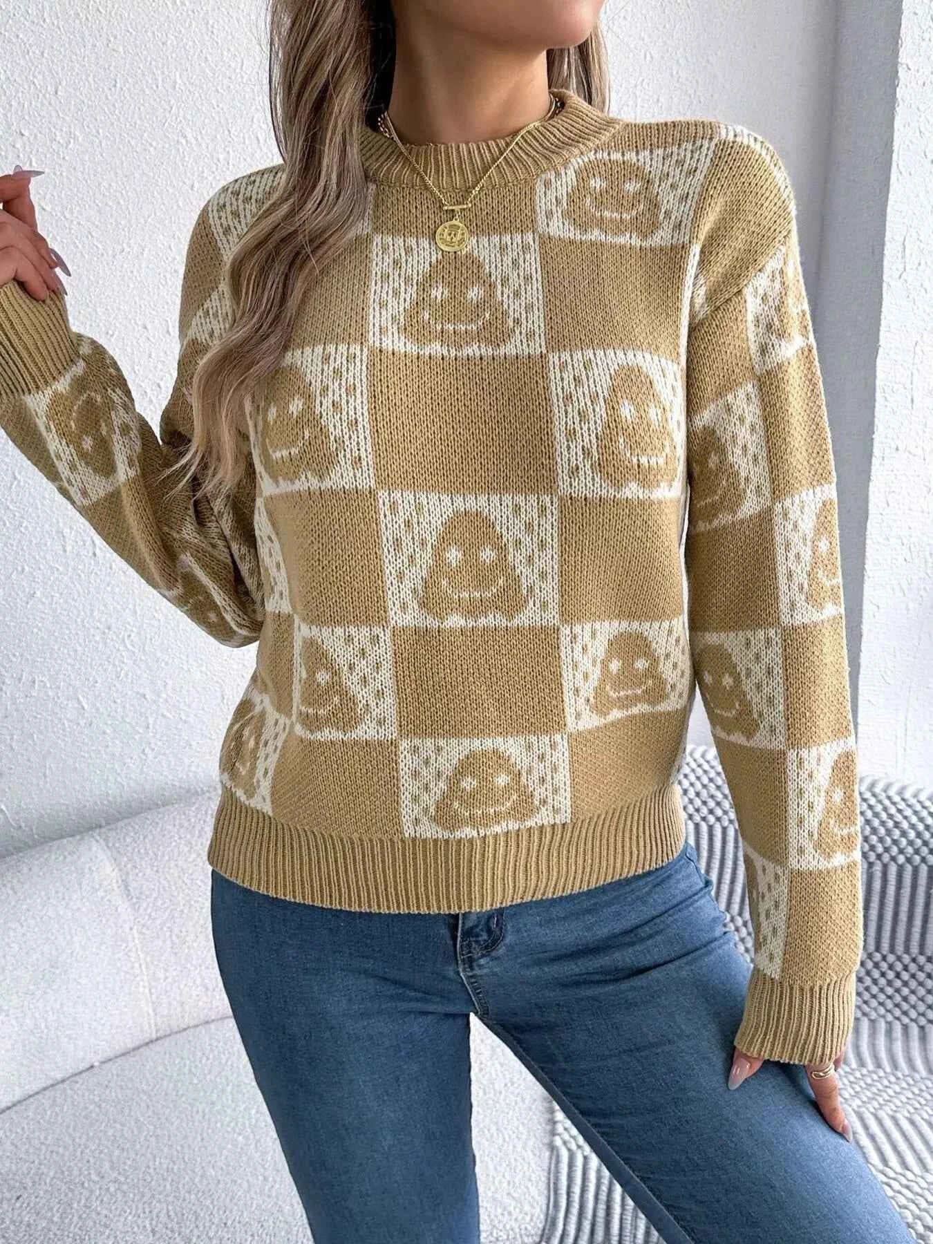 Halloween Ghost Pattern Checkered Round Neck Sweater a37fb682bb5d4024aed58f8c59dc9410-Max-Origin