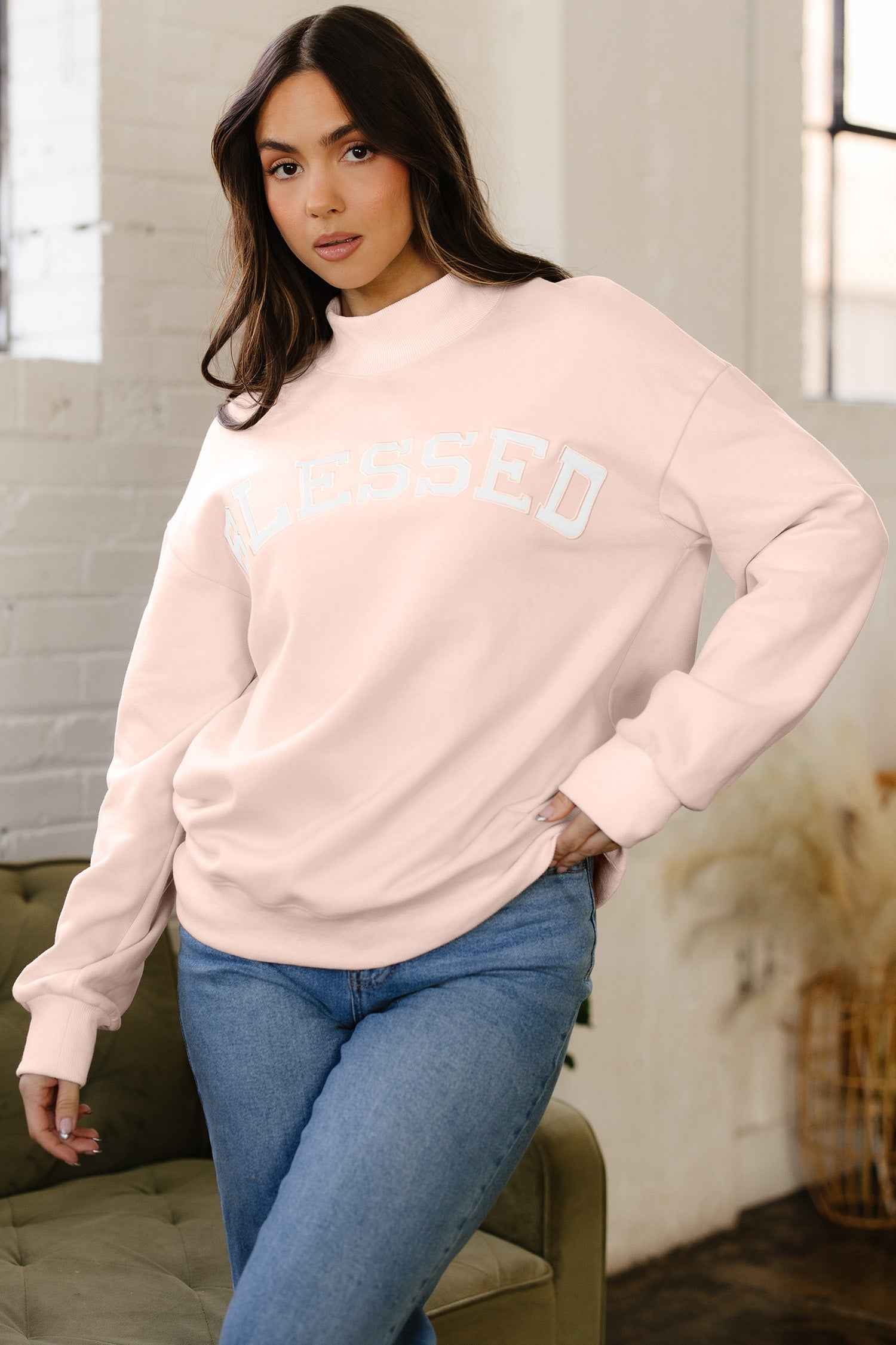 Sea Green Oversize Blessed Embroidered Mock Neck Sweatshirt a3838a0f0256ba06