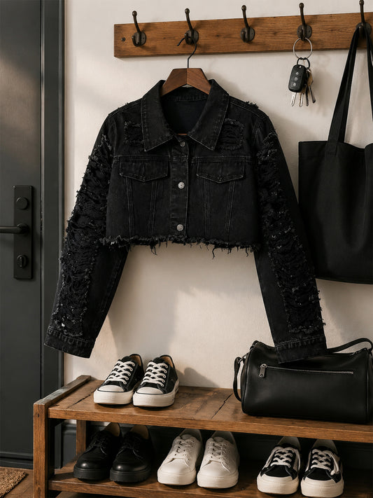 New Women's Vintage Distressed Washed Denim Shorts And Jacket, Slim Fit, Casual Summer Style a38a3744-3d5b-4286-9f4a-58a54abc9ec5