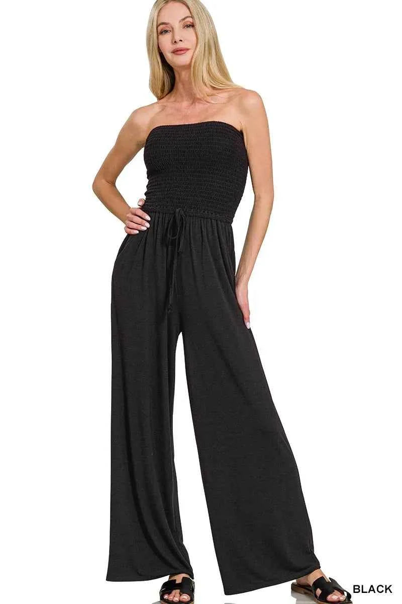 Zenana Strapless Wide Leg Smocked Jumpsuit BLACK a38aab78b289476682f15c90758bdc5a-Max-Origin
