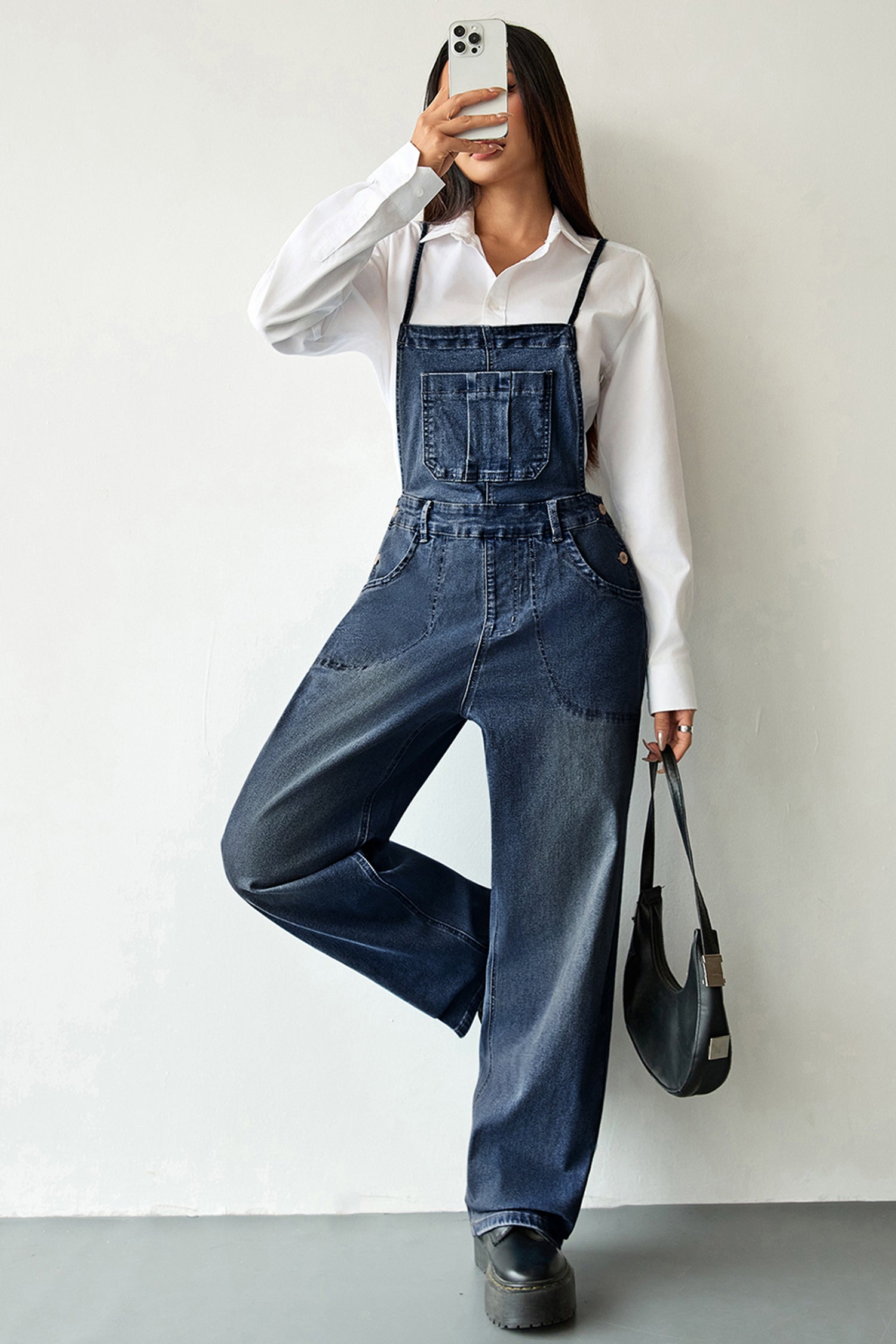 Dark Blue Crossed Tie Straps Bib Pocket Loose Denim Overalls Dark Blue 75%Cotton+15%Viscose+10%Polyester a38b9076199bd15d