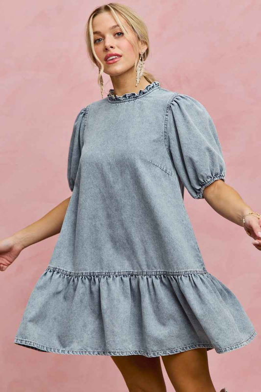 Denim Short Sleeves Mini Tiered Dress a38d87862b7442f78c86c0be91f909a4-Max