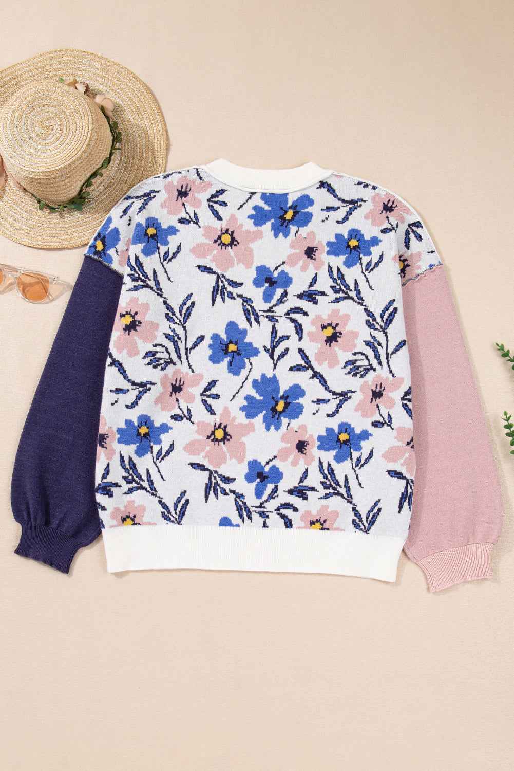 Khaki Vibrant Floral Contrast Colorblock Sleeve Pullover Sweater a38ef0e4bbeb5d31