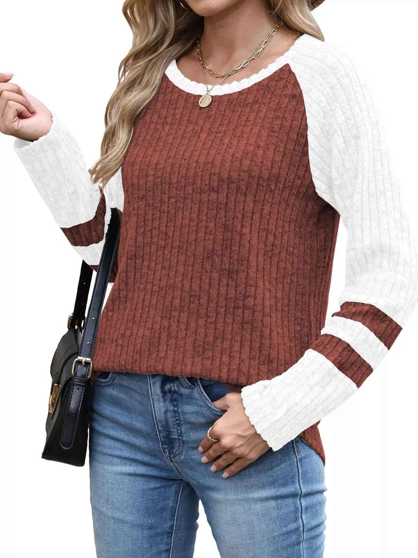 Ribbed Round Neck Raglan Sleeve Top Caramel a390889f32744da0acd043a2d07255e3-Max-Origin