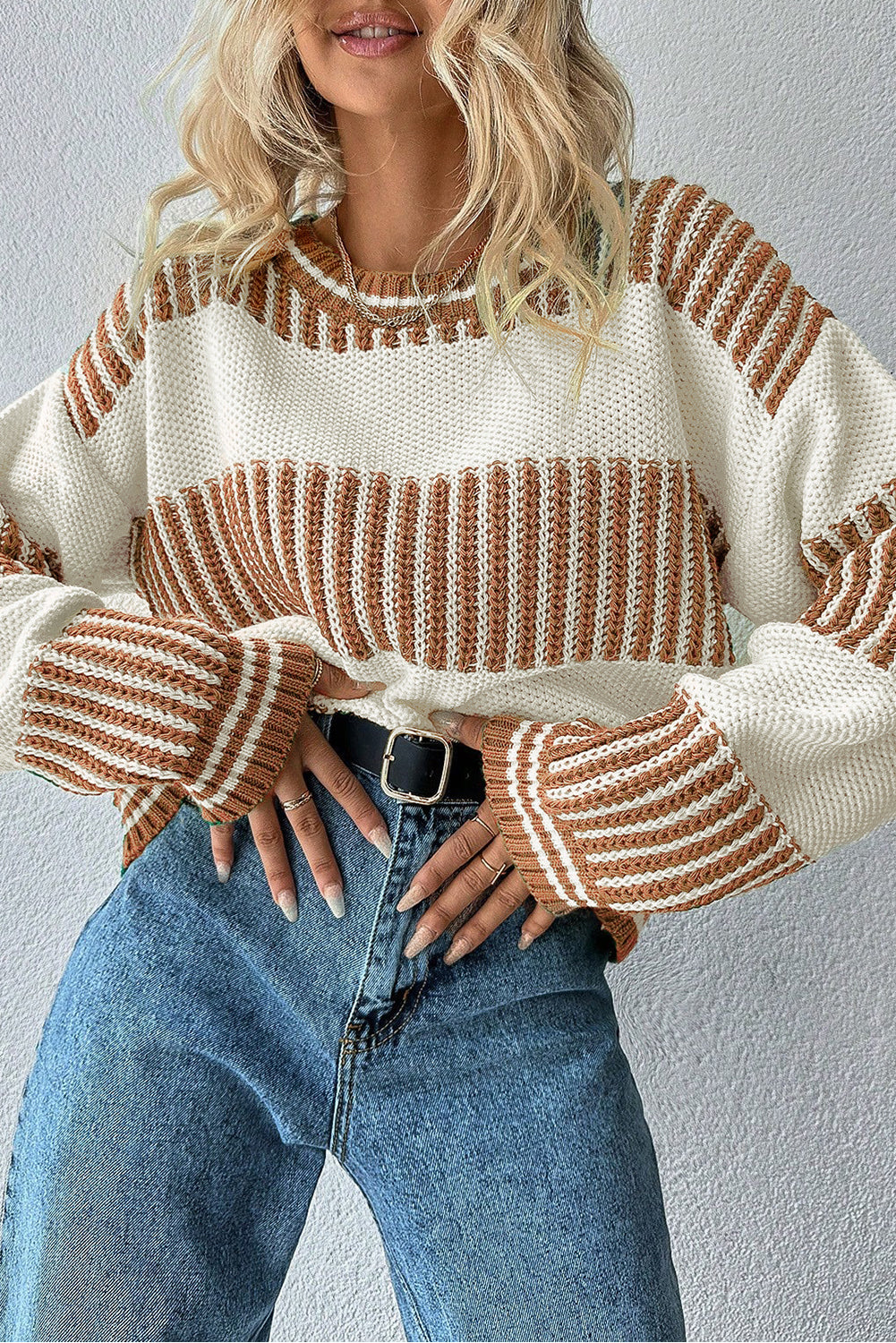 Light Blue Two Tone Striped Patchwork Drop Shoulder Sweater a390d77817074281