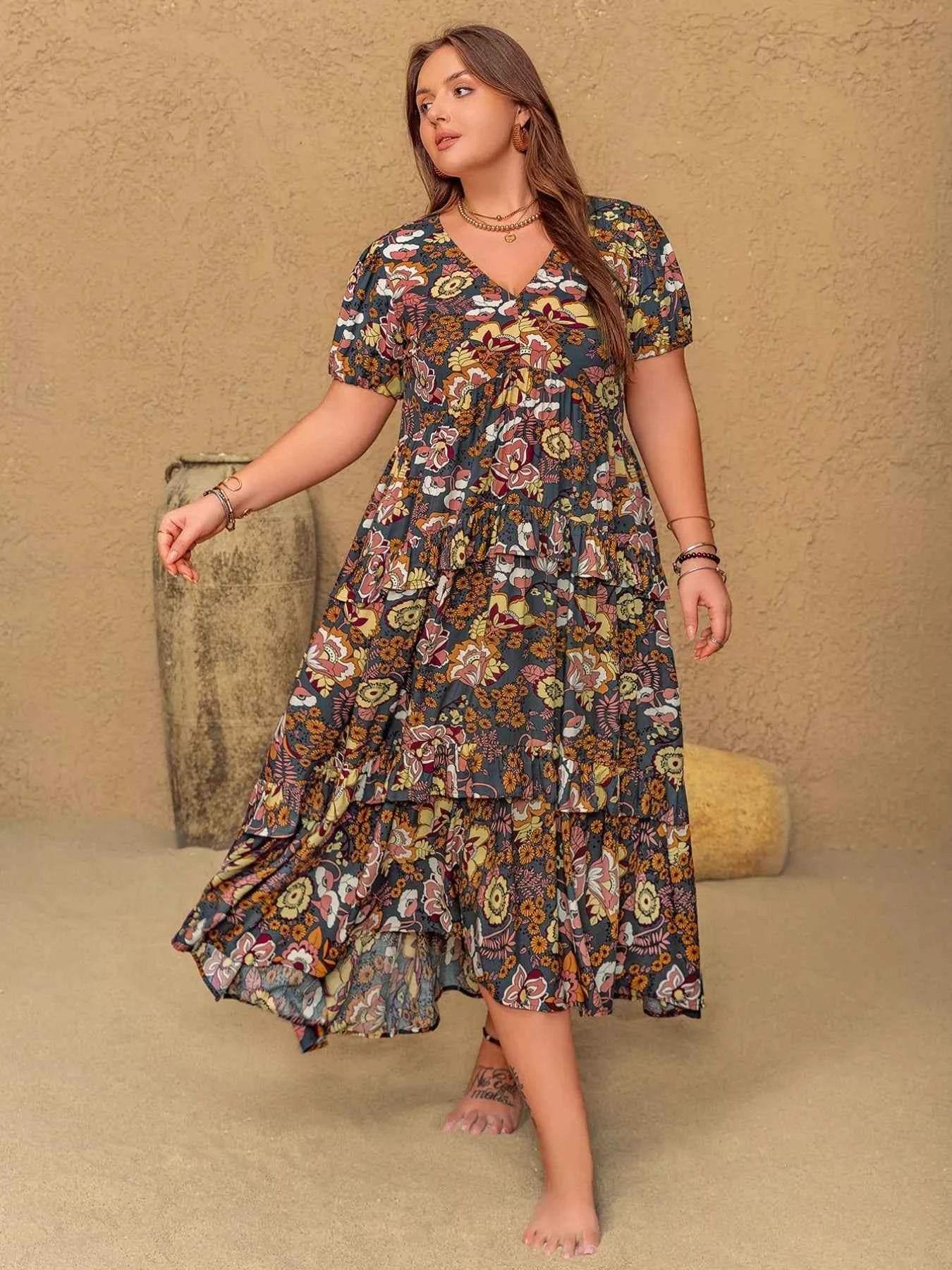 Plus Size V-Neck Short Sleeve Midi Dress a3962ca2-c16c-43b3-b4b3-2d644d9c9cd5-Max-Origin