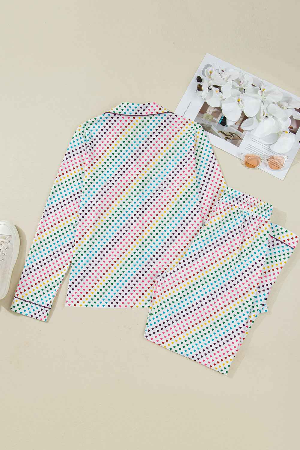 White Pride Heart Print Valentines Long 2pcs Pajama Set a39663e6bf5a4b22