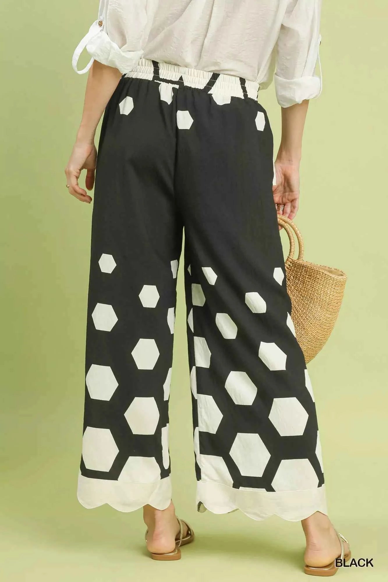 Umgee Hexagon Print Wide Leg Pants with Scalloped Hem a396d5ca-0f4f-41ed-87d4-a9a81316e28c-Max-Origin
