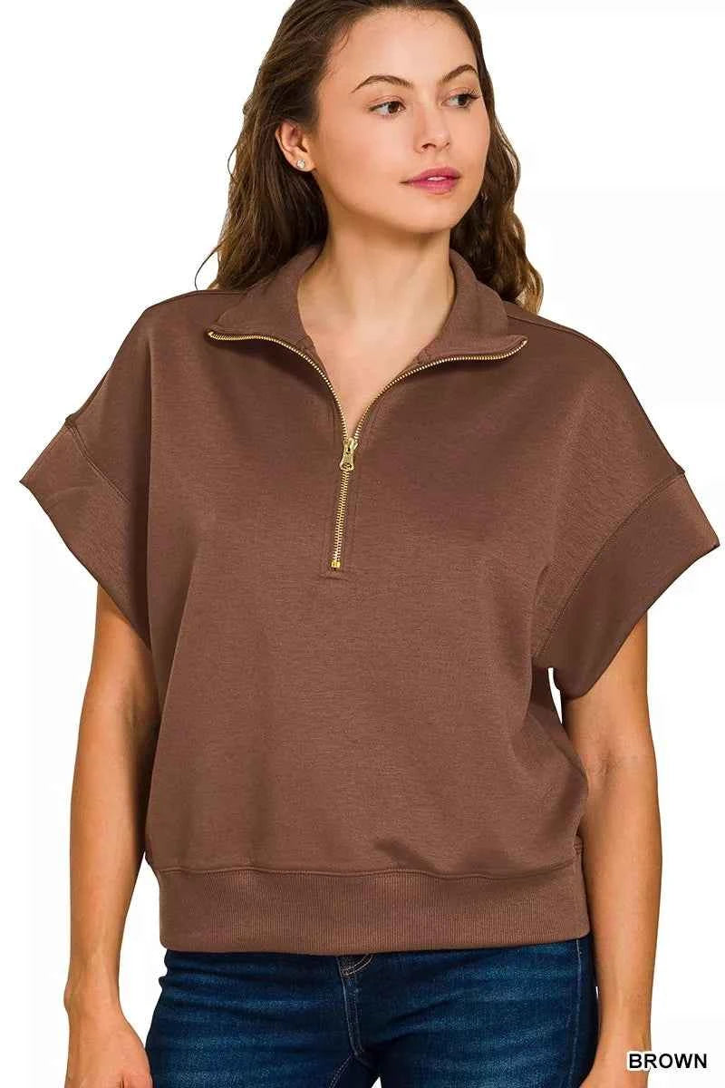 Zenana Full Size Scuba High Neck Half Zip Short Sleeve Top Plus Size a39d076c39f34a39a54e6d2486a8ea77-Max-Origin