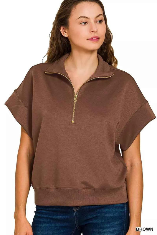 Zenana Full Size Scuba High Neck Half Zip Short Sleeve Top Plus Size a39d076c39f34a39a54e6d2486a8ea77-Max-Origin