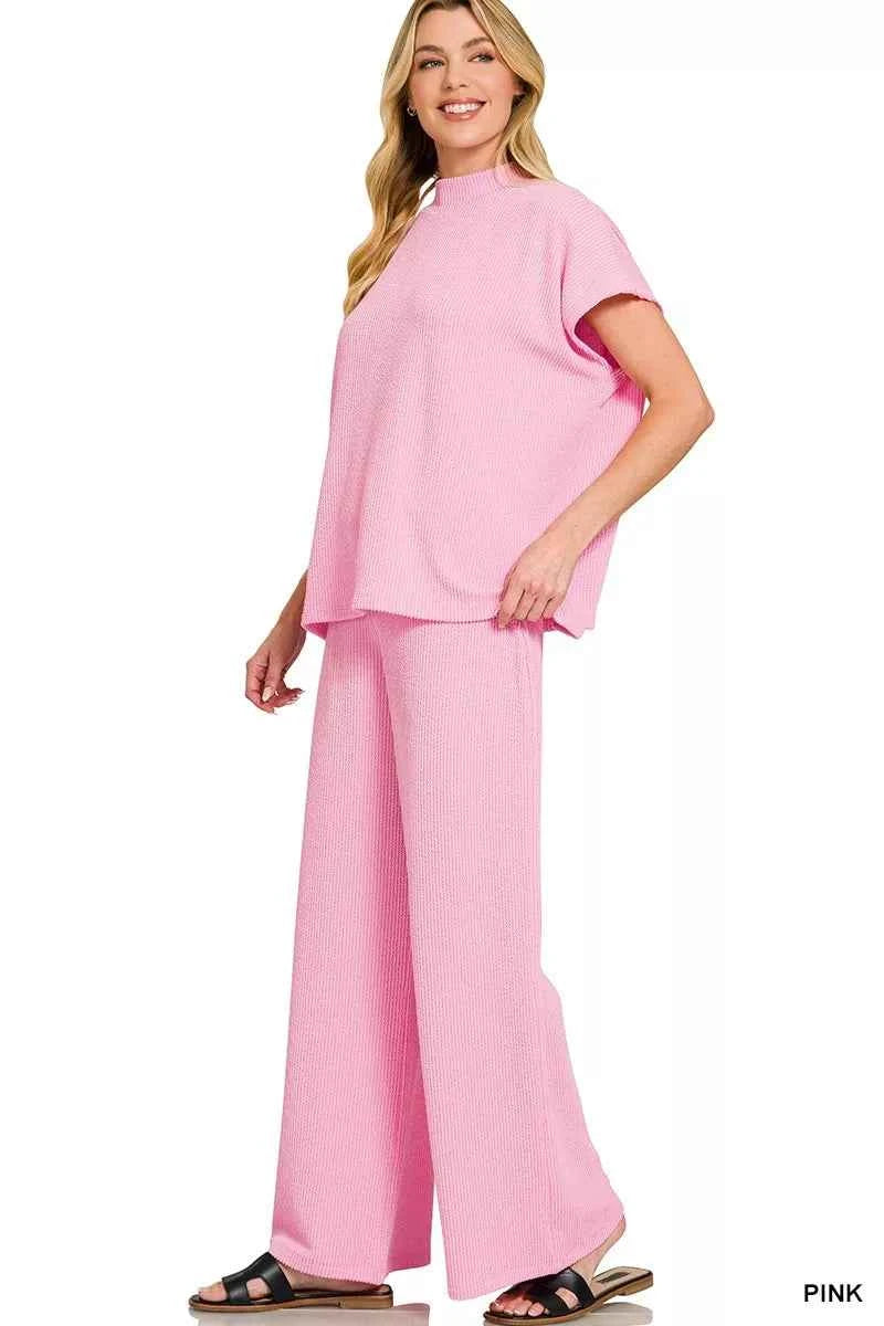 Zenana Raised Rib Short Sleeve Tee & Pants Set a39dfefd3038461a9c43615e68f57fb0-Max-Origin