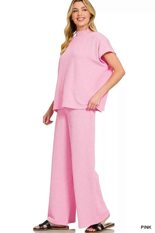 Zenana Raised Rib Short Sleeve Tee & Pants Set a39dfefd3038461a9c43615e68f57fb0-Max-Origin